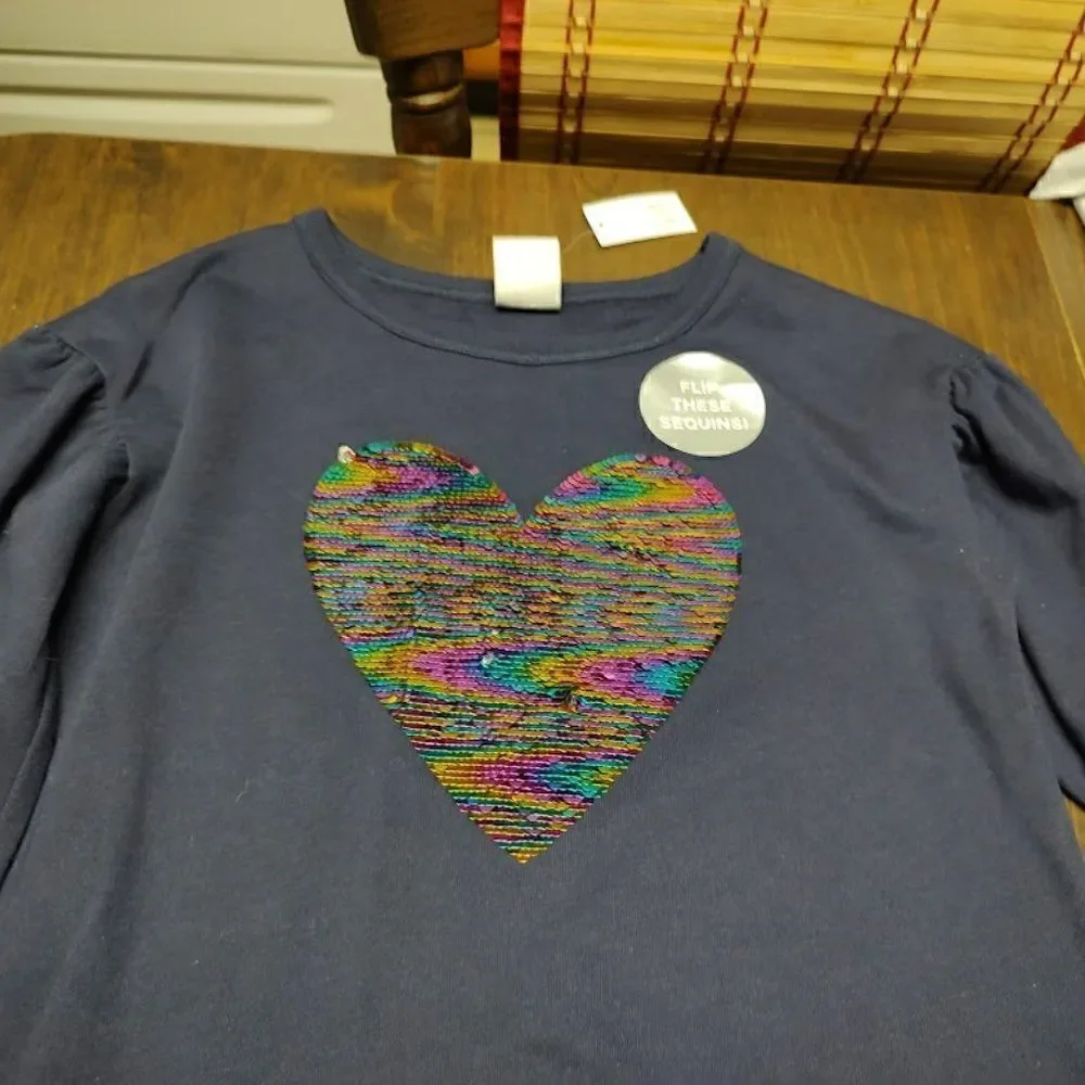 New Gap Navy Blue Sweatshirt Flip Heart Sequin Dress Size Girl's XL 12